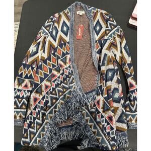 ARIZONA JEANS CO Cardigan Open Front Patterned W/Bottom Fringe SIZE MEDIUM